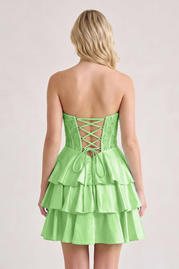 Lime Green A Line Satin Corset Ruffled Sweetheart Homecoming Dresses with Beads (2) | KISSPROM