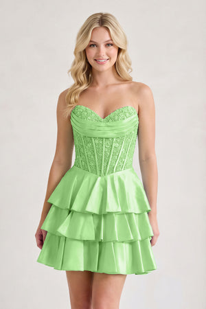 Lime Green A Line Satin Corset Ruffled Sweetheart Homecoming Dresses with Beads | KISSPROM