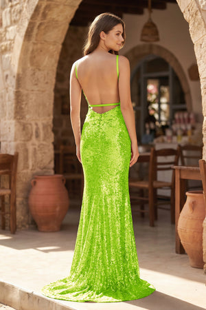 Lime Green Mermaid V Neck Sequins Prom Dress with Slit (3) | KISSPROM
