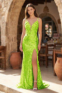 Lime Green Mermaid V Neck Sequins Prom Dress with Slit | KISSPROM