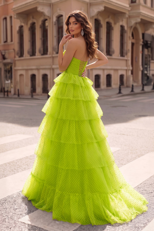 Polka Dot Strapless Ruffle Tiered Prom Gown with Keyholes – Prom Dress by KissProm | Available at KissProm