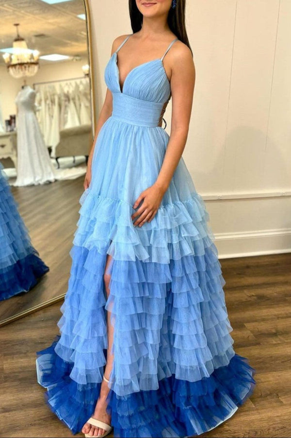 Linae | A Line V Neck Lilac Tulle Prom Dresses with Slit - KissProm