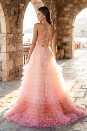 Pink A Line Spaghetti Straps Tulle Prom Dresses with Slit - KISSPROM