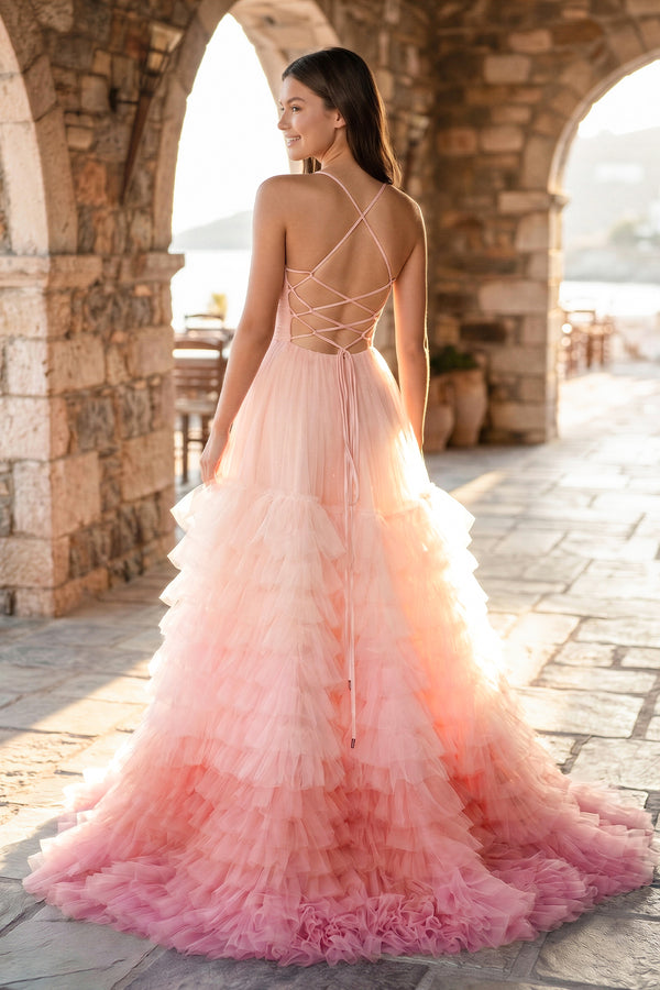 Pink A Line Spaghetti Straps Tulle Prom Dresses with Slit - KISSPROM