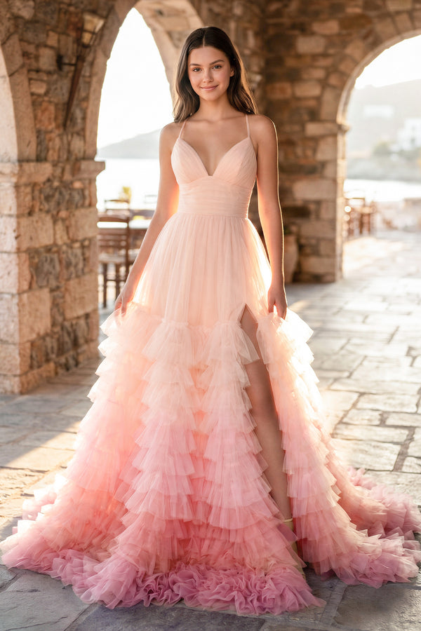 Pink A Line Spaghetti Straps Tulle Prom Dresses with Slit - KISSPROM