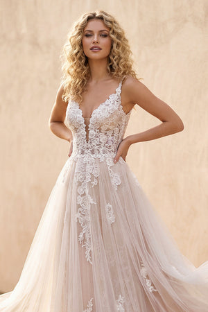 A-Line Lace White Sweep Train Sleeveless Backless Wedding Dress– Wedding Dresses by KissProm | Available at KissProm