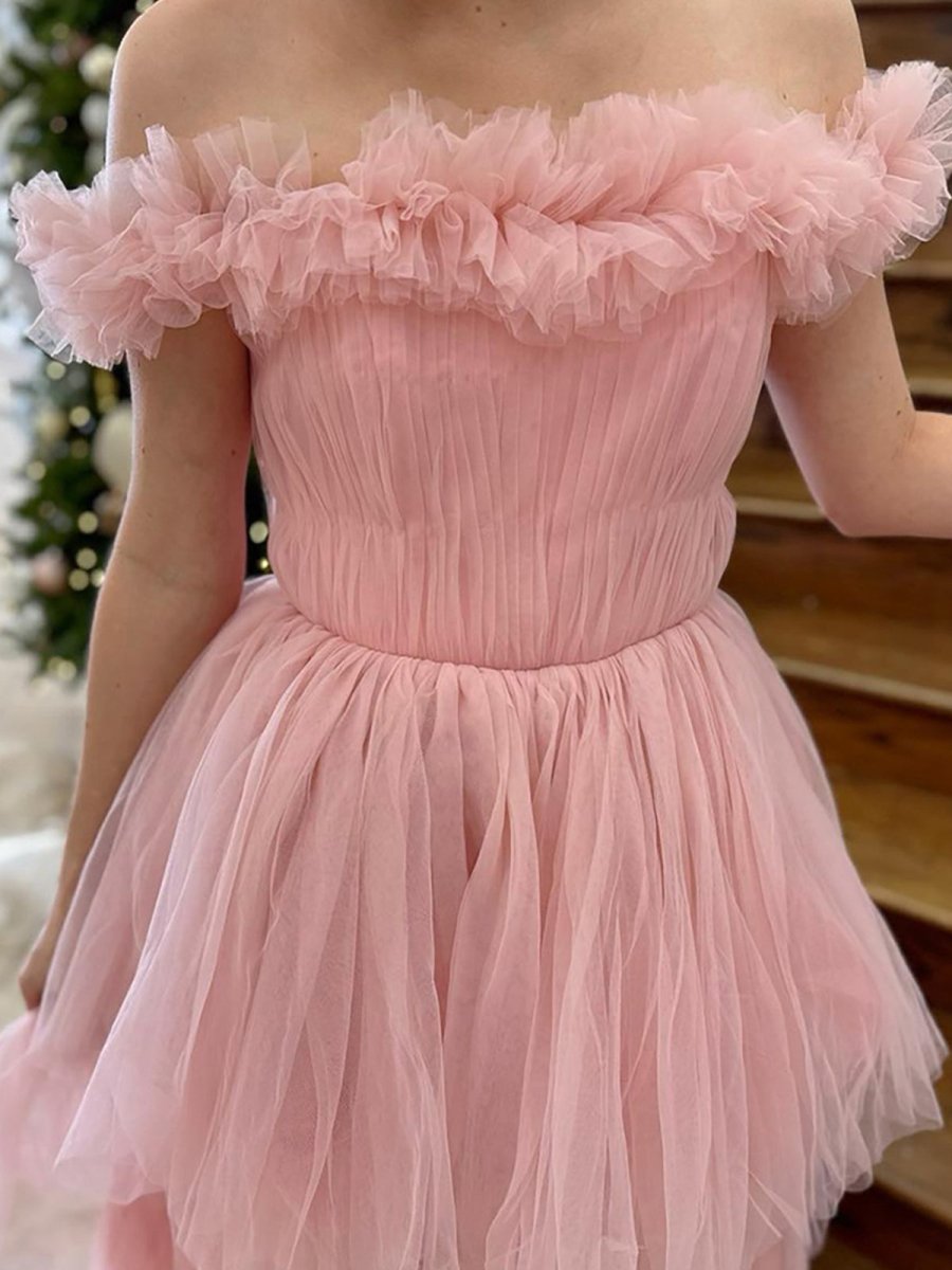 Pink Off The Shoulder Tulle A Line Prom Dress With Split