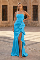 Pink Mermaid Strapless Satin Ruffled Long Prom Dresses with Slit