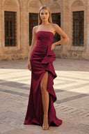 Pink Mermaid Strapless Satin Ruffled Long Prom Dresses with Slit - KissProm