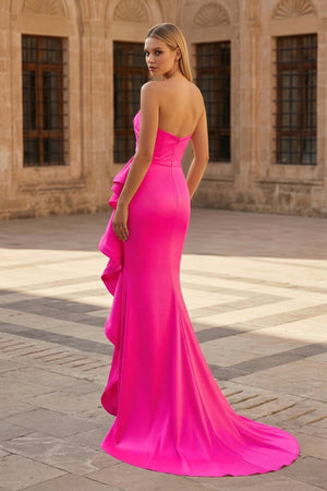 Pink Mermaid Strapless Satin Ruffled Long Prom Dresses with Slit