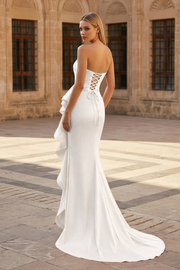 KissProm-Ivory  Mermaid Strapless Satin Ruffled Long Prom Dresses with Slit