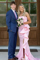 Liniel | Pink - Mermaid Strapless Satin Ruffled Long Prom Dresses with Slit - KissProm