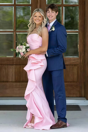 Liniel | Pink - Mermaid Strapless Satin Ruffled Long Prom Dresses with Slit - KissProm
