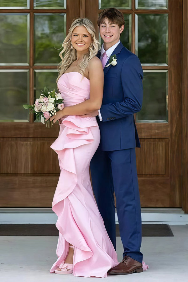 Liniel | Pink - Mermaid Strapless Satin Ruffled Long Prom Dresses with Slit - KissProm