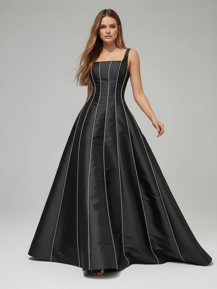 KissProm-Linlee Black A - Line Straps Square Beads Pleated Long Prom Dress