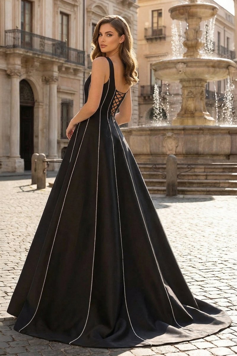Black A - Line Straps Square Beads Pleated Long Prom Dress - KissProm