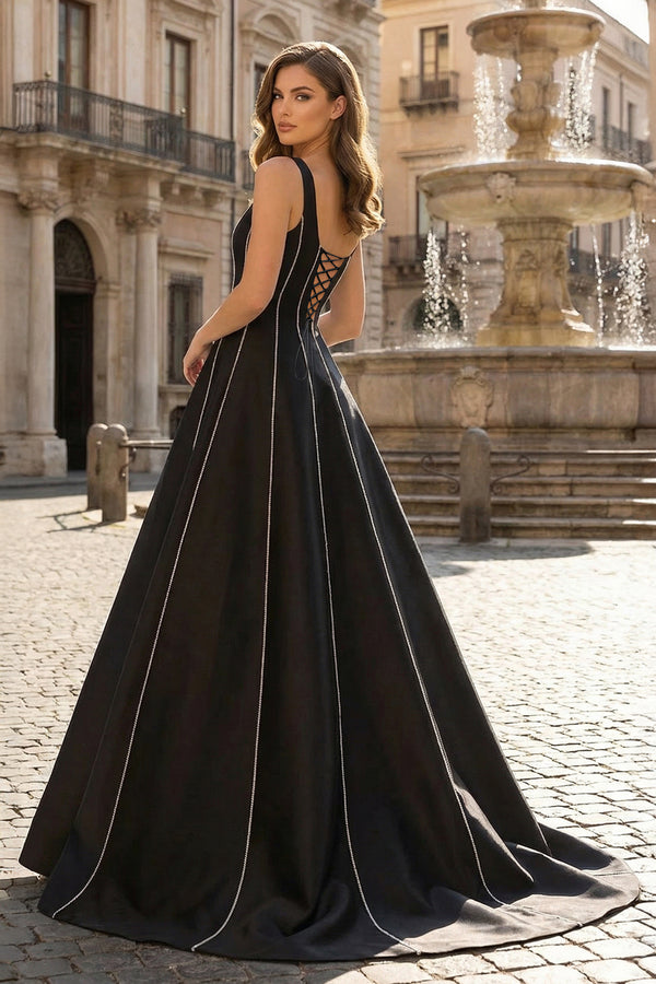 KissProm- Black A-Line Straps Square Beads Pleated Long Prom Dress