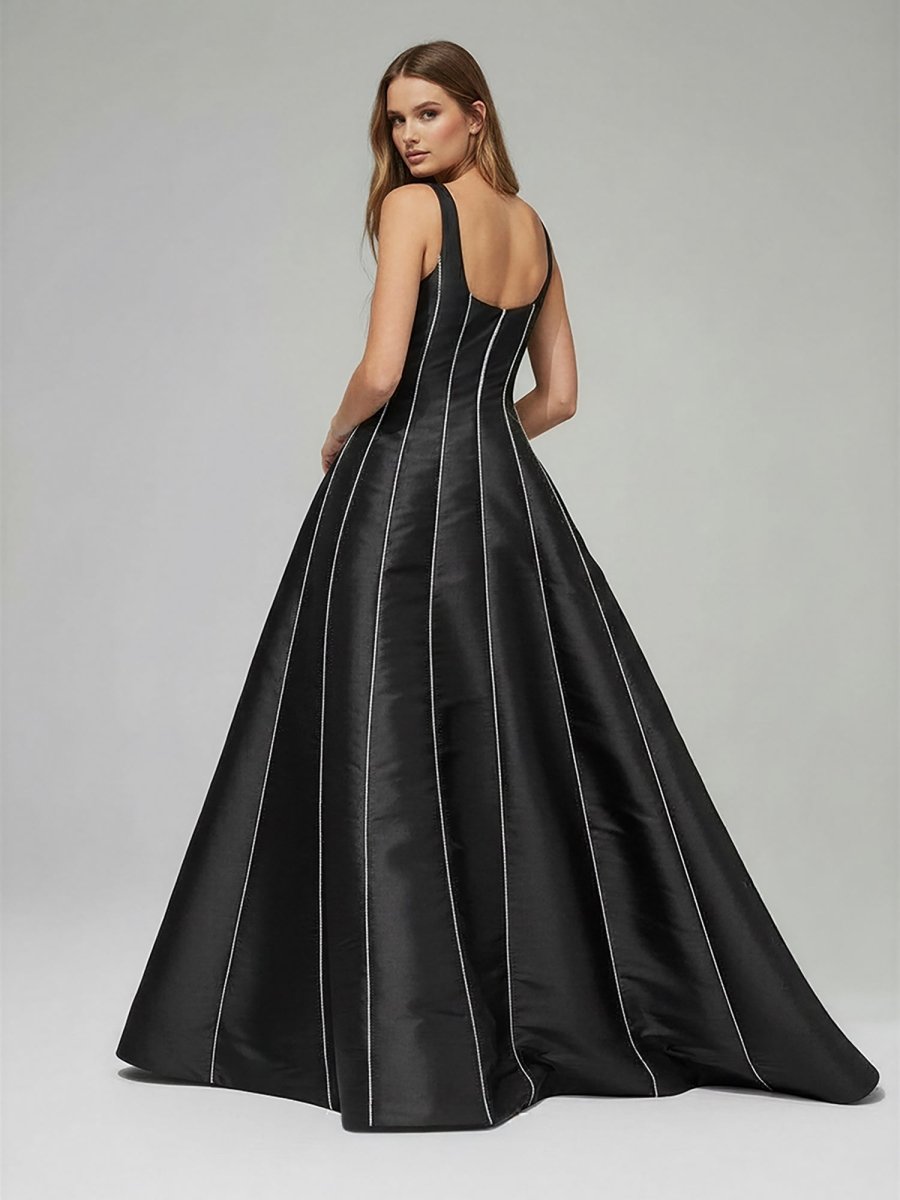 KissProm-Linlee Black A - Line Straps Square Beads Pleated Long Prom Dress