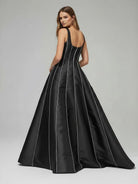 KissProm-Linlee Black A - Line Straps Square Beads Pleated Long Prom Dress