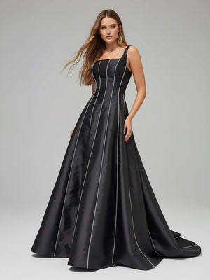 KissProm-Linlee Black A - Line Straps Square Beads Pleated Long Prom Dress