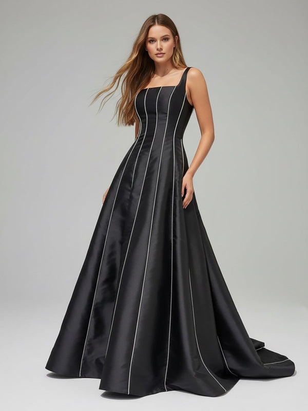 KissProm-Linlee Black A - Line Straps Square Beads Pleated Long Prom Dress