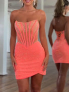 Lior | Orange - Tight Beaded Strapless Short Corset Homecoming Dress