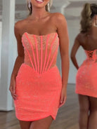 Lior | Orange - Tight Beaded Strapless Short Corset Homecoming Dress