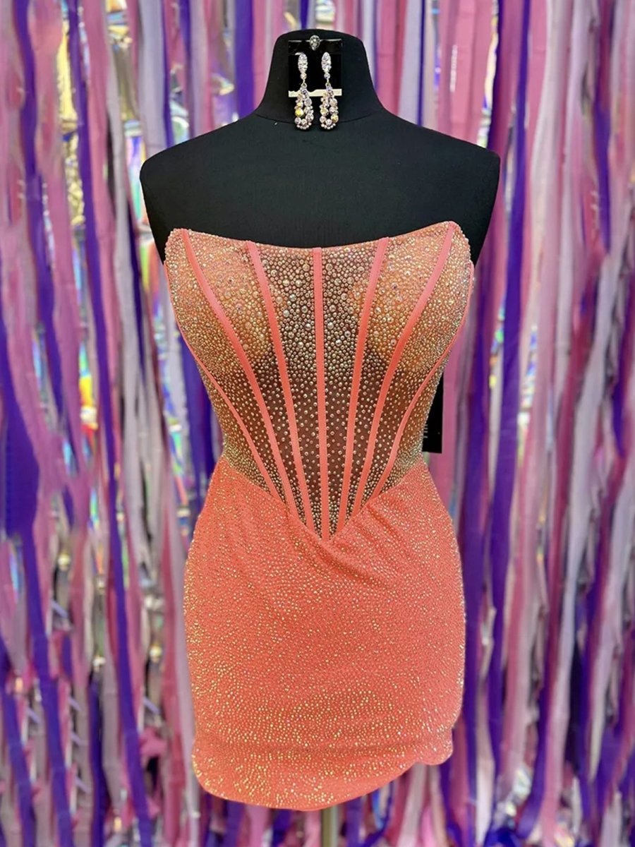 Orange - Tight Beaded Strapless Short Corset Mini Party Dresses, Orange / 14 Orange - Tight Beaded Strapless Short Corset Mini Party Dresses, Orange / 14