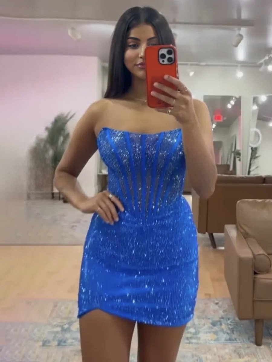 Lior | Royal Blue - Tight Beaded Strapless Short Corset Homecoming Dress