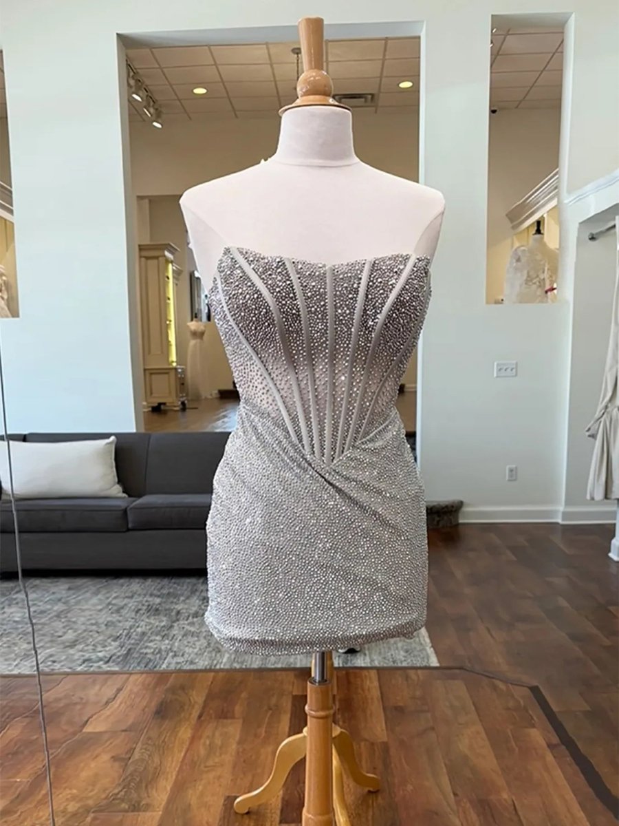 Lior | Silver - Tight Beaded Strapless Short Corset Homecoming Dress
