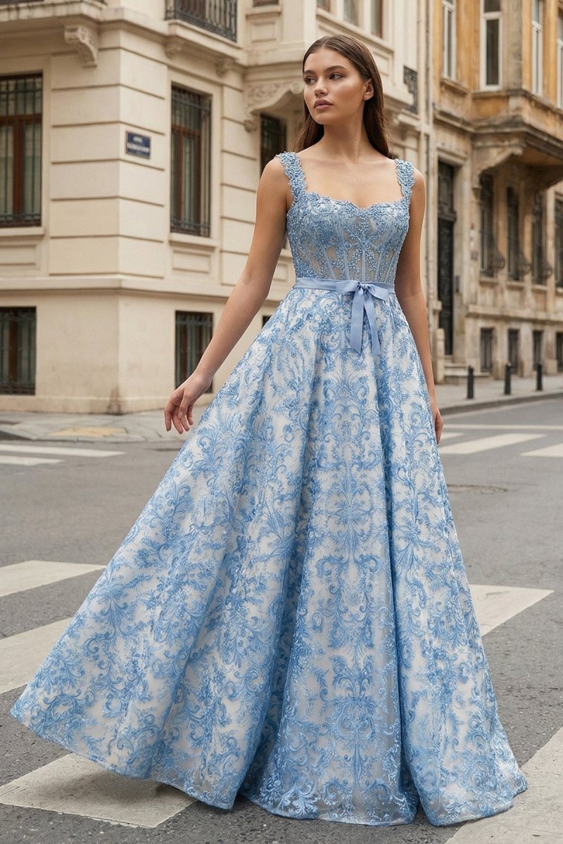 KissProm Blue Square Neck A Line Lace Beaded Formal Prom Dresses With Appliques, Blue / 10
