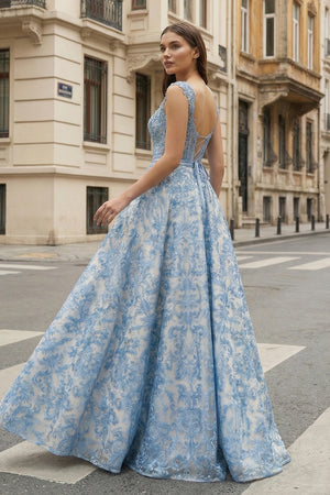 KissProm- Blue Square Neck A Line Lace Beaded Formal Prom Dresses With Appliques