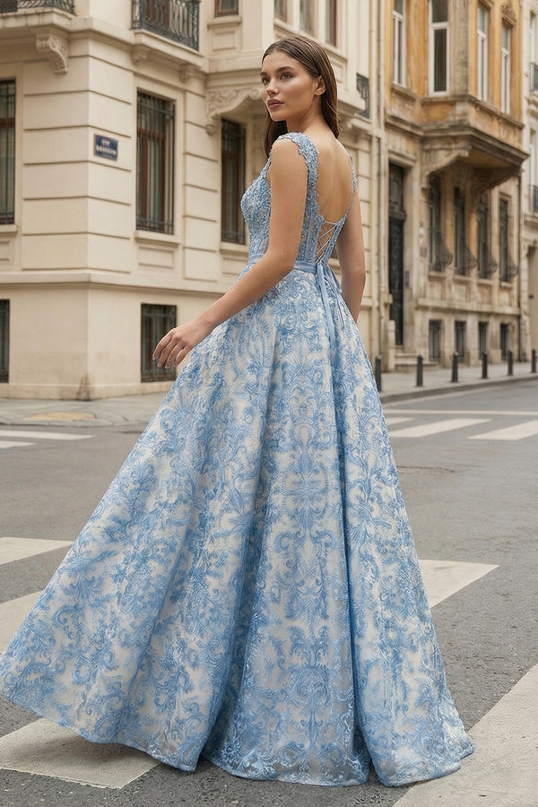 KissProm- Blue Square Neck A Line Lace Beaded Formal Prom Dresses With Appliques