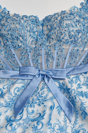 Lioren | Blue - Square Neck A Line Lace Beaded Formal Prom Dresses With Appliques - KissProm