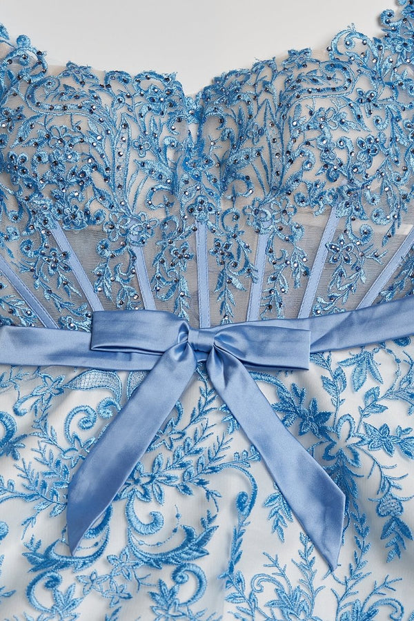 Lioren | Blue - Square Neck A Line Lace Beaded Formal Prom Dresses With Appliques - KissProm