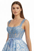 Lioren | Blue - Square Neck A Line Lace Beaded Formal Prom Dresses With Appliques - KissProm