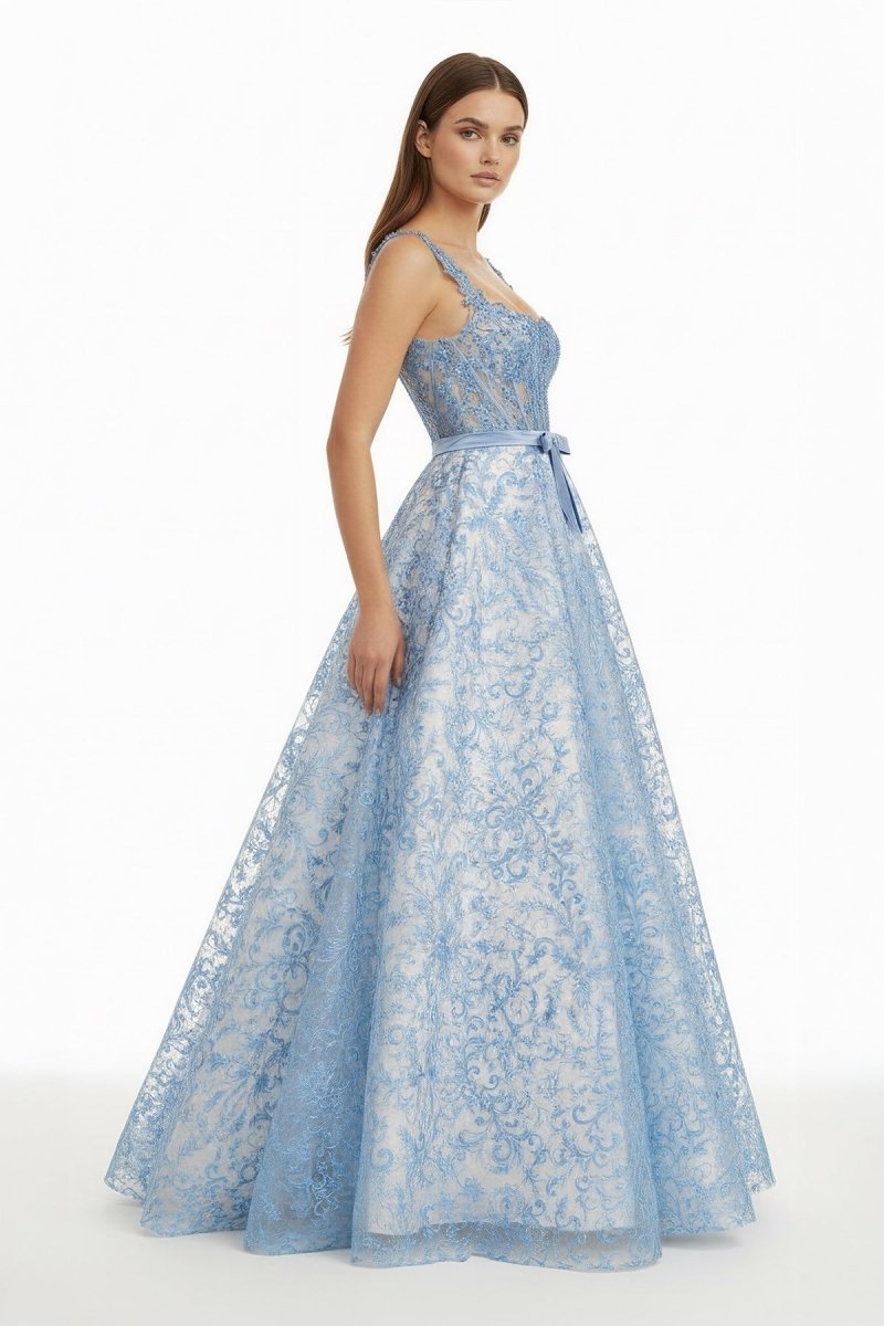 Lioren | Blue - Square Neck A Line Lace Beaded Formal Prom Dresses With Appliques - KissProm
