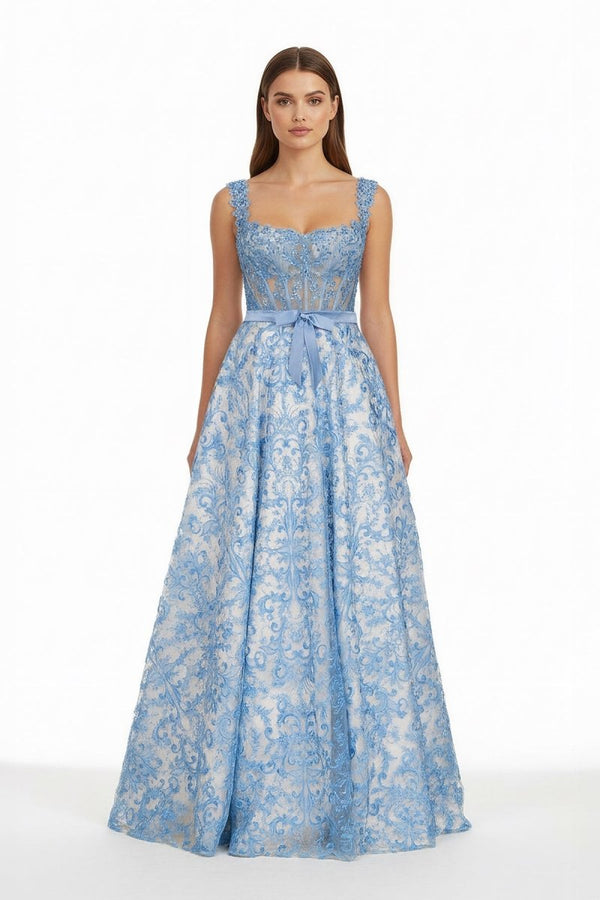 Lioren | Blue - Square Neck A Line Lace Beaded Formal Prom Dresses With Appliques - KissProm