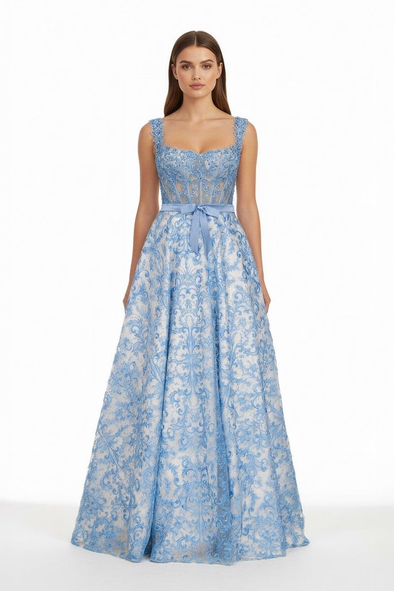 Blue Square Neck A Line Lace Beaded Formal Prom Dresses With Appliques Blue Square Neck A Line Lace Beaded Formal Prom Dresses With Appliques