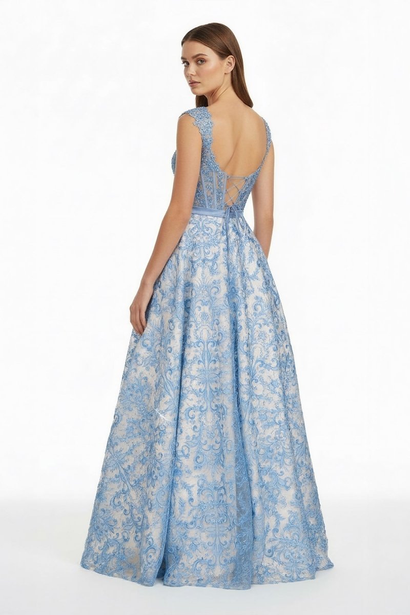 Blue Square Neck A Line Lace Beaded Formal Prom Dresses With Appliques