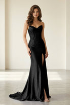 Liorenna | Black - Strapless Mermaid Satin Beaded Long Formal Prom Dresses With Slit-KissProm