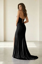 Liorenna | Black - Strapless Mermaid Satin Beaded Long Formal Prom Dresses With Slit-KissProm
