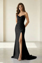 Liorenna | Black - Strapless Mermaid Satin Beaded Long Formal Prom Dresses With Slit-KissProm