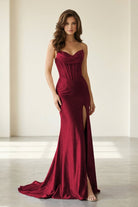 Liorenna | Burgundy - Strapless Mermaid Satin Beaded Long Formal Prom Dresses With Slit-KissProm