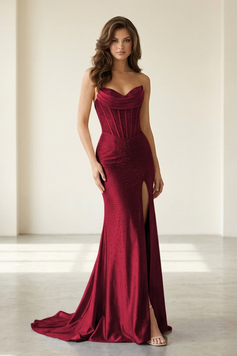 Red Strapless Mermaid Satin Beaded Long Formal Prom Dresses With Slit, Burgundy / 0 Red Strapless Mermaid Satin Beaded Long Formal Prom Dresses With Slit, Burgundy / 0
