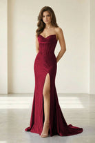 Liorenna | Burgundy - Strapless Mermaid Satin Beaded Long Formal Prom Dresses With Slit-KissProm