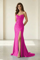 Liorenna | Fuchsia - Strapless Mermaid Satin Beaded Long Formal Prom Dresses With Slit-KissProm