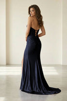 Liorenna | Navy Blue - Strapless Mermaid Satin Beaded Long Formal Prom Dresses With Slit-KissProm