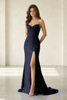 Liorenna | Navy Blue - Strapless Mermaid Satin Beaded Long Formal Prom Dresses With Slit-KissProm