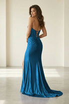 Liorenna | Peacock - Strapless Mermaid Satin Beaded Long Formal Prom Dresses With Slit-KissProm